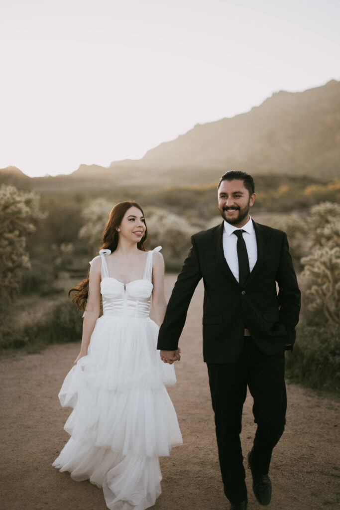 Bride and groom in the Arizona desert wearing a wedding dress and black suite.