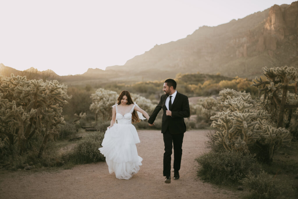 Bride and groom in the Arizona desert wearing a wedding dress and black suite.