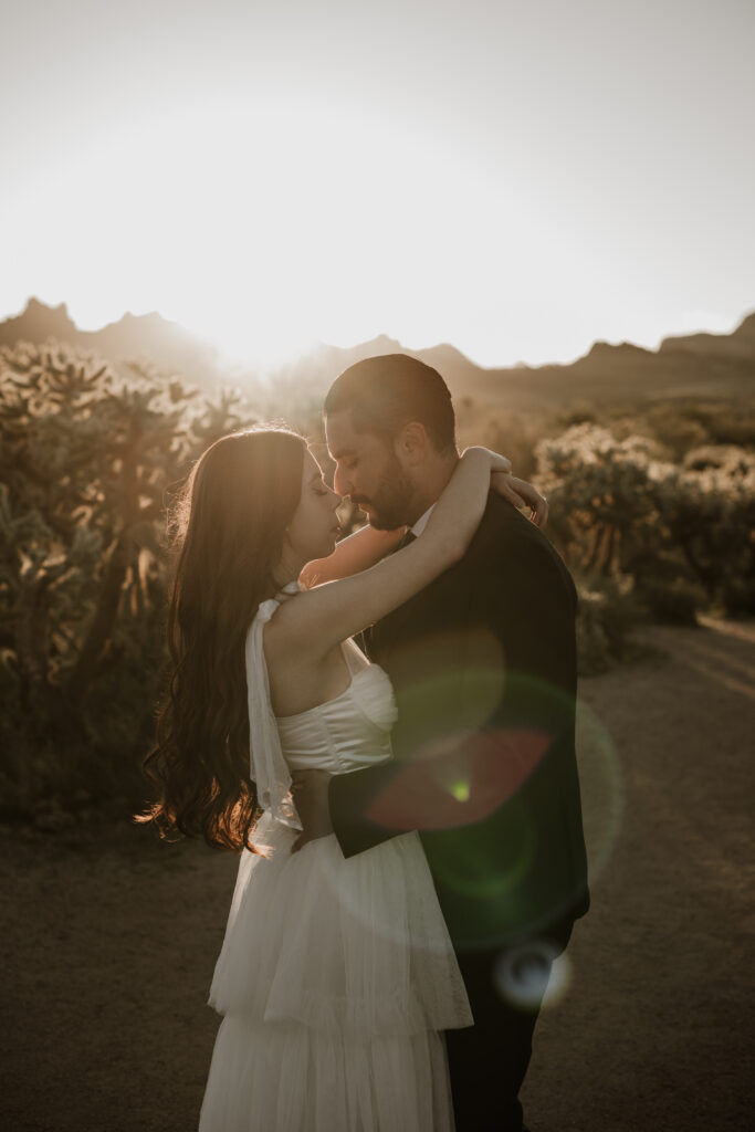 Bride and groom in the Arizona desert wearing a wedding dress and black suite in the sunshine. 