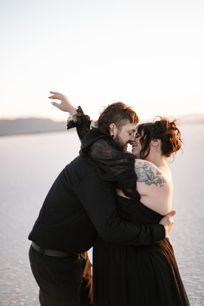 Sunset engagement session at the Bonneville Salt Flats in Utah