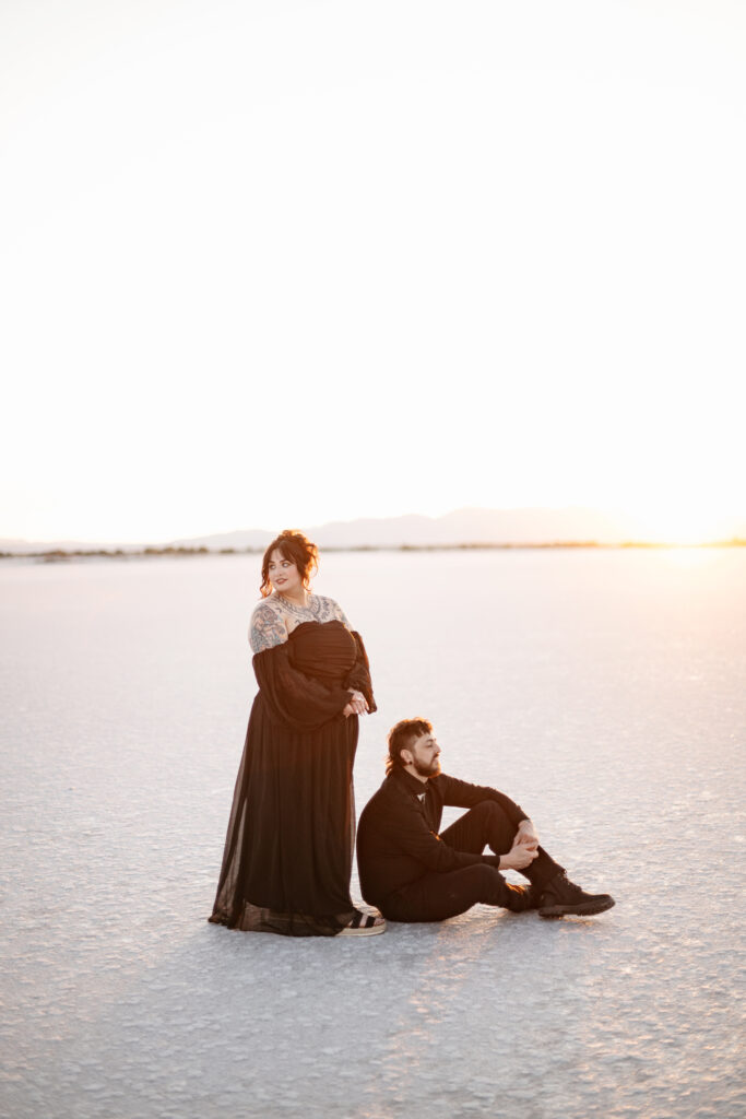 Sunset engagement session at the Bonneville Salt Flats in Utah