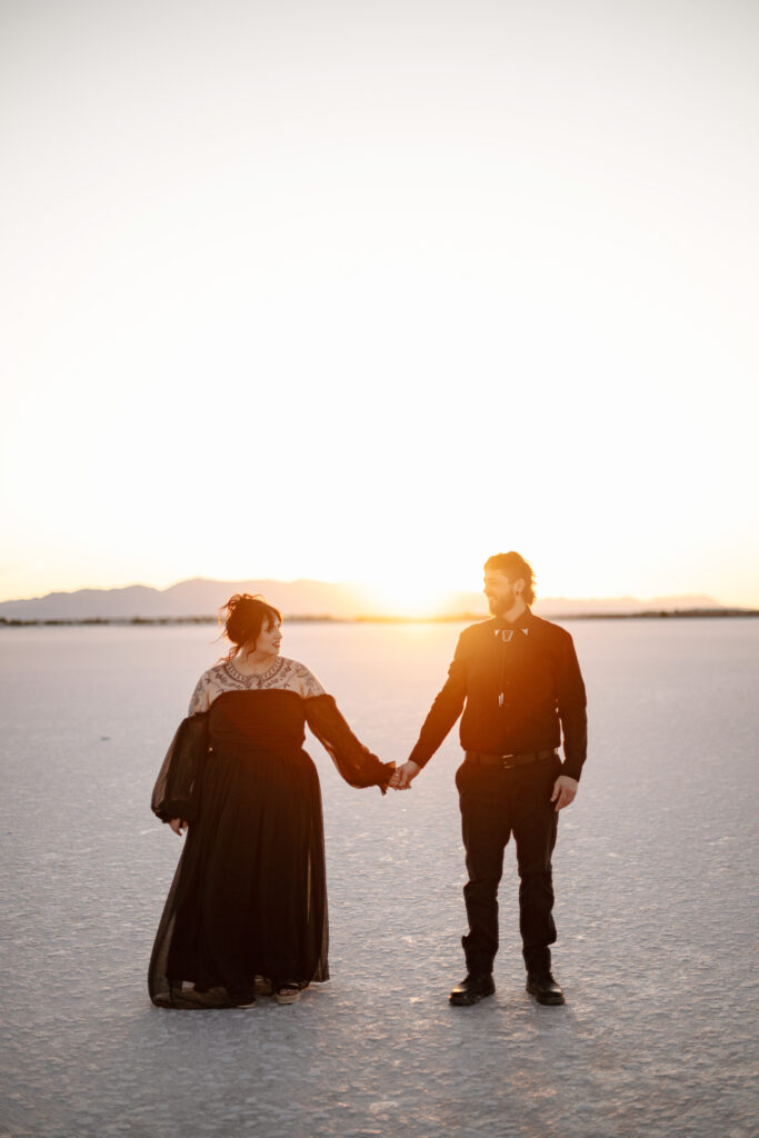 Sunset engagement session at the Bonneville Salt Flats in Utah