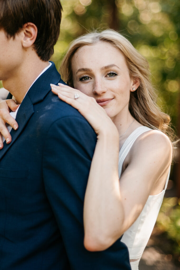 Couples session after a surprise proposal at Red Butte Garden in Salt Lake City.