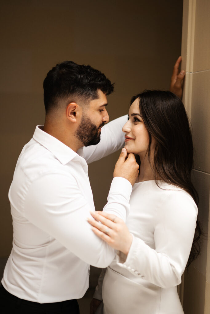 Couple in white at the Utah state capitol building 