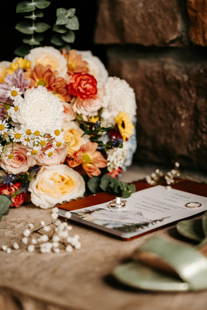 Rustic wedding detail flat lay photos with rings and green wedding shoes