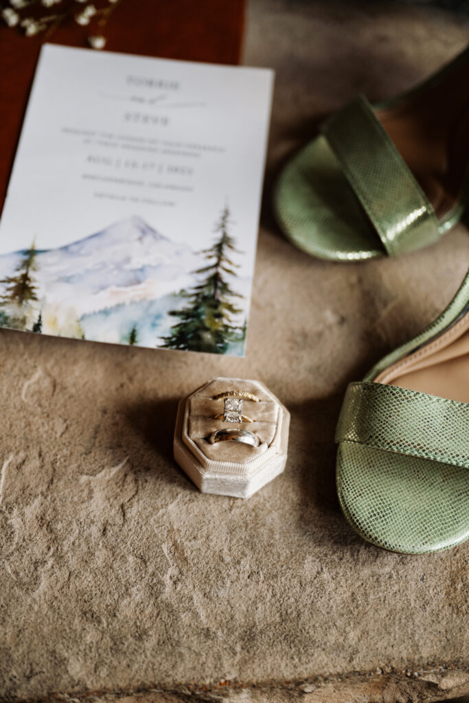 Rustic wedding detail flat lay photos with rings