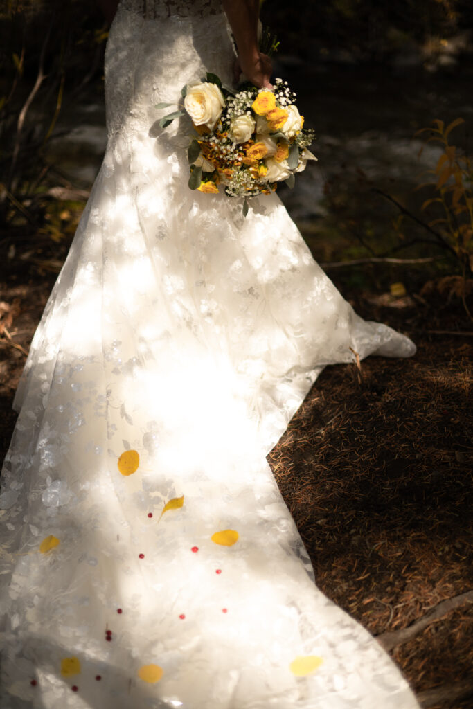 Wedding dress train with leaves on it