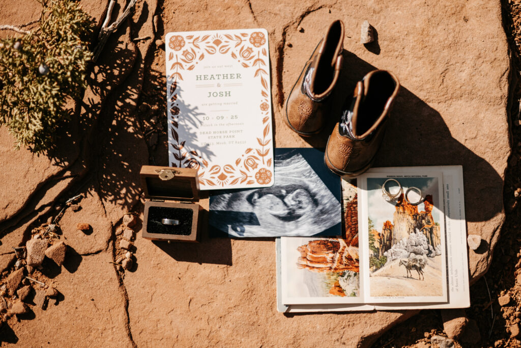 Wedding flat lay to announce pregnancy 