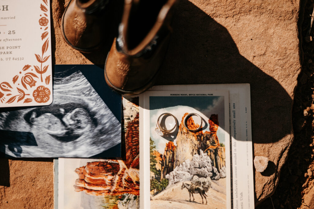 Wedding flat lay to announce pregnancy 