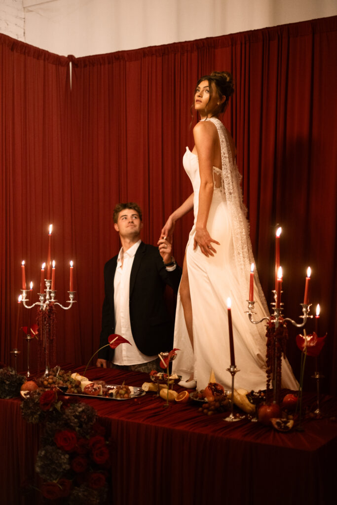 Bride walking on table