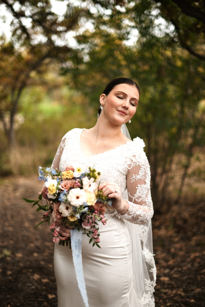 Bride getting married with bright color bouquet