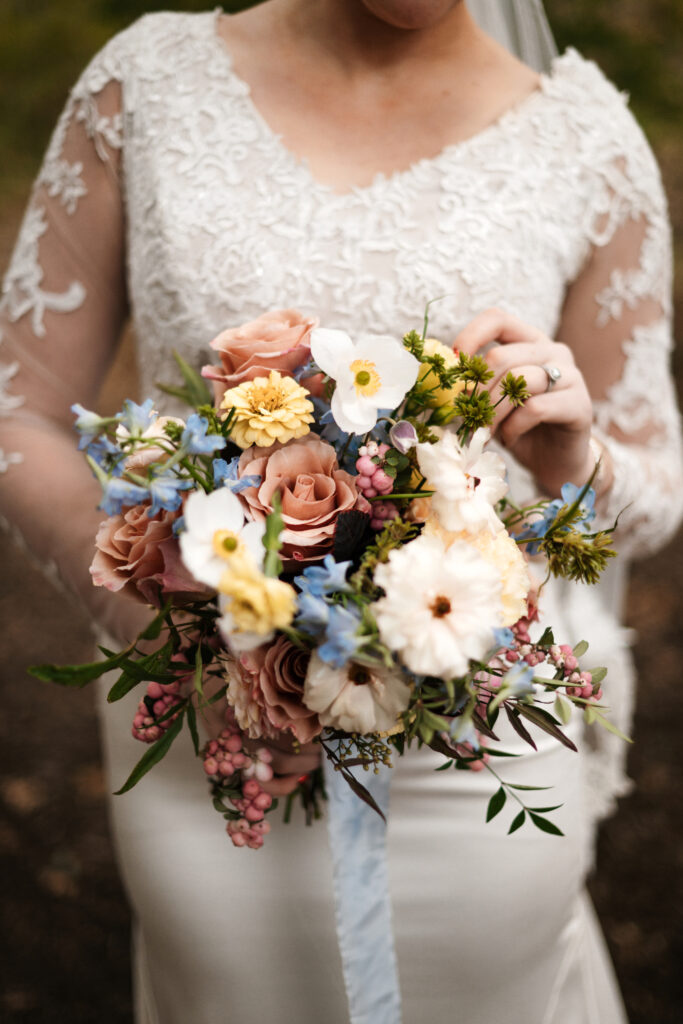 Bride getting married with bright color bouquet