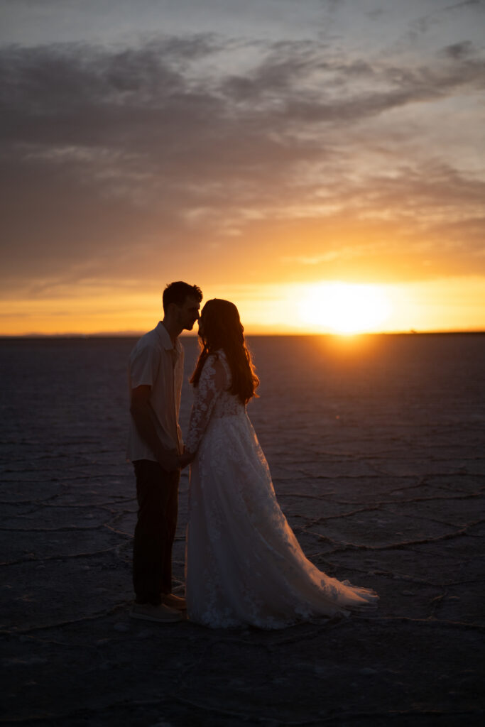 Close-up bridal portrait with soft sunset light at the Bonneville Salt Flats