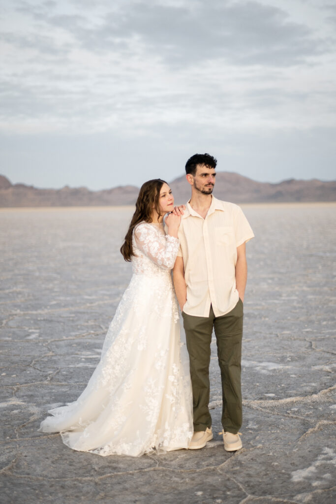 Romantic couple portrait on the Bonneville Salt Flats in Utah