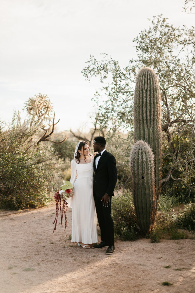 Best Places to Elope in Mesa Arizona with cactus and a view of the Superstition mountains.