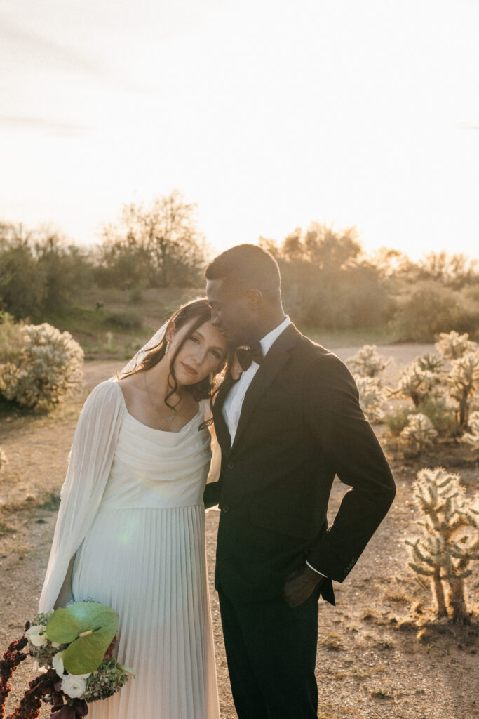 Best Places to Elope in Mesa Arizona with cactus and a view of the Superstition mountains.