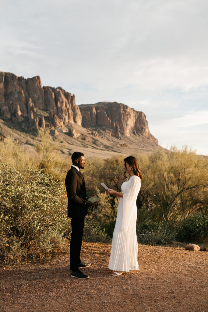 Best Places to Elope in Arizona with cactus and a view of the Superstition mountains.