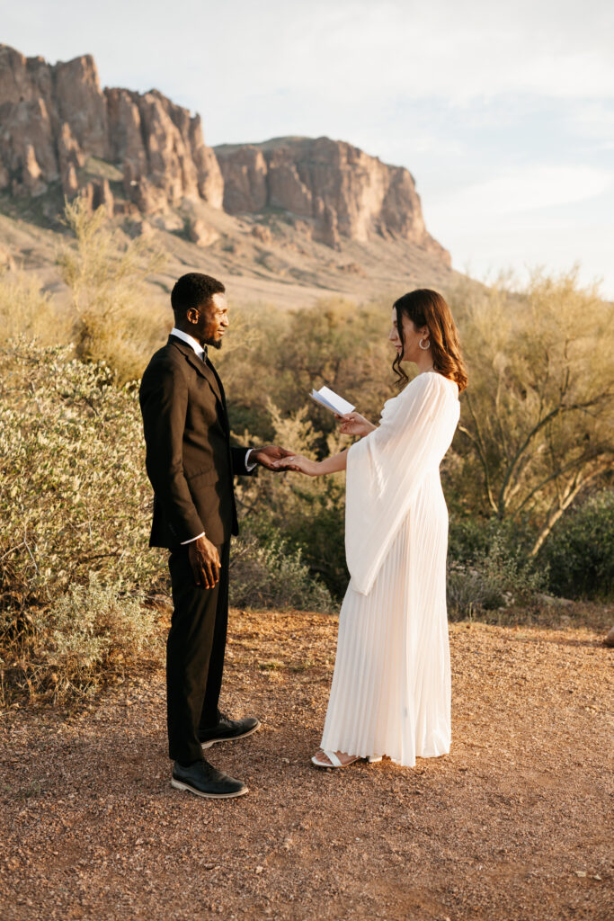Best Places to Elope in Mesa Arizona with cactus and a view of the Superstition mountains.
