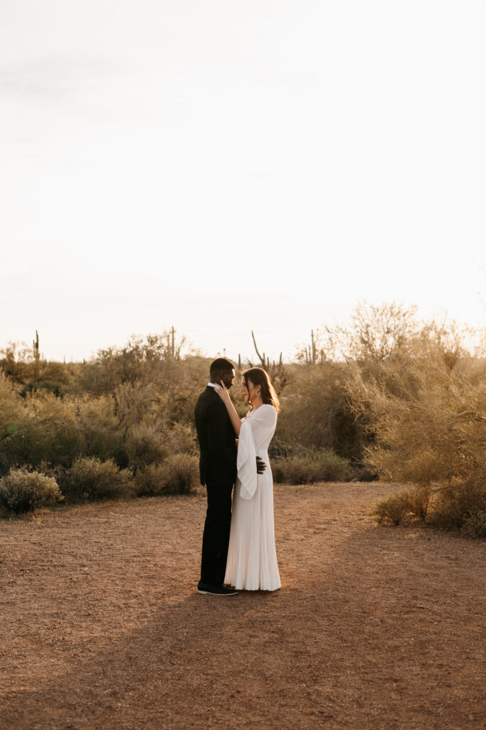Best Places to Elope in Mesa Arizona with cactus and a view of the Superstition mountains.