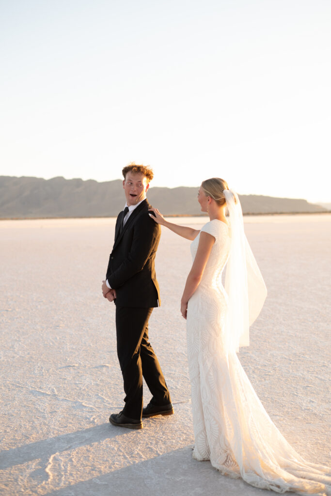 Elegant editorial style elopement at Bonneville Salt Flats with modern wedding attire