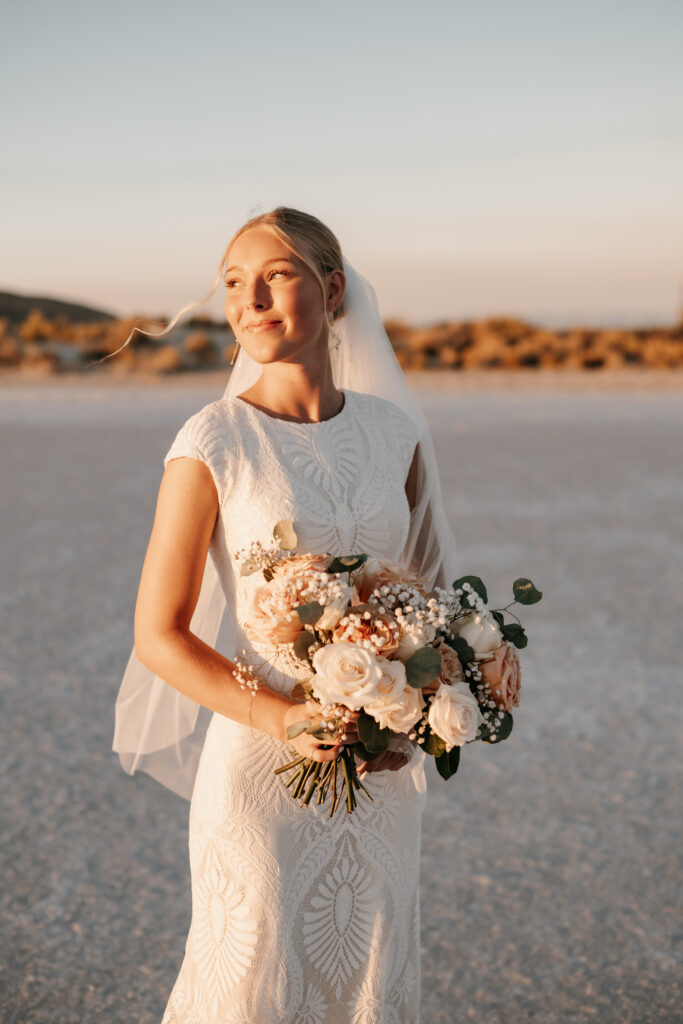 Luxury elopement styling at Bonneville Salt Flats with neutral tones and modern details