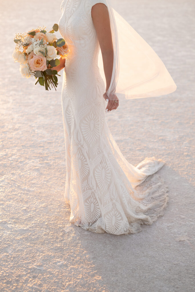 Luxury elopement styling at Bonneville Salt Flats with neutral tones and modern details
