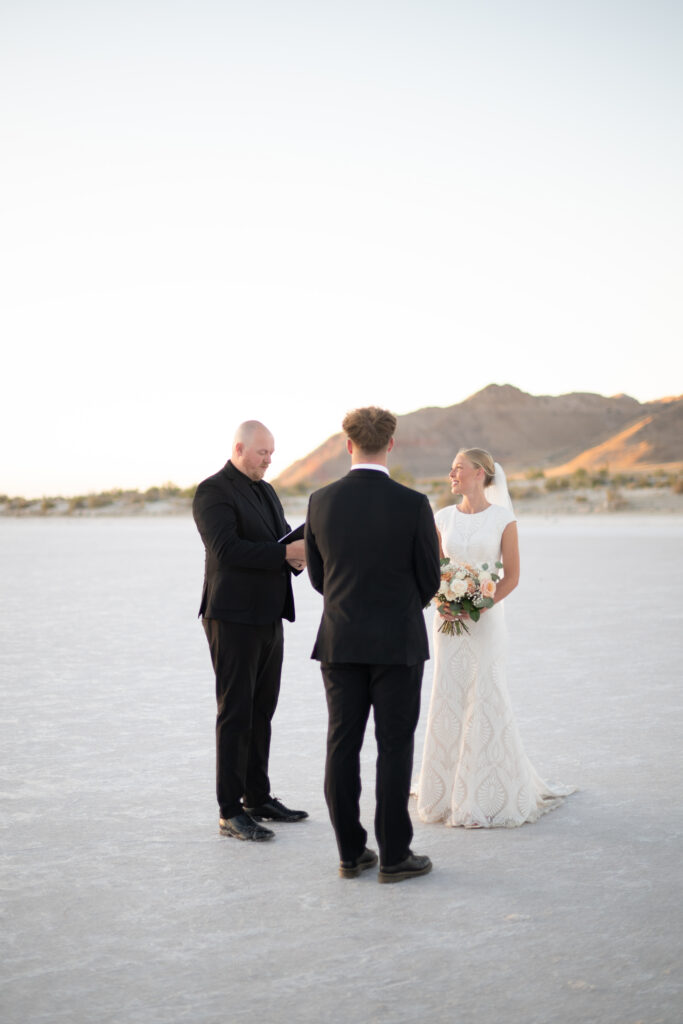 Luxury elopement styling at Bonneville Salt Flats with neutral tones and modern details