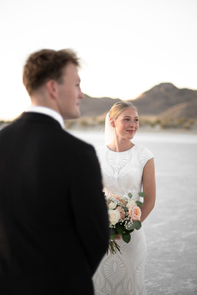 Luxury elopement styling at Bonneville Salt Flats with neutral tones and modern details