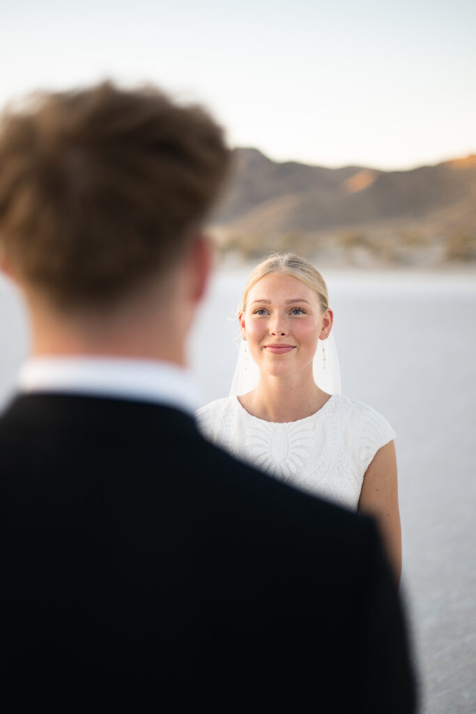 Luxury elopement styling at Bonneville Salt Flats with neutral tones and modern details