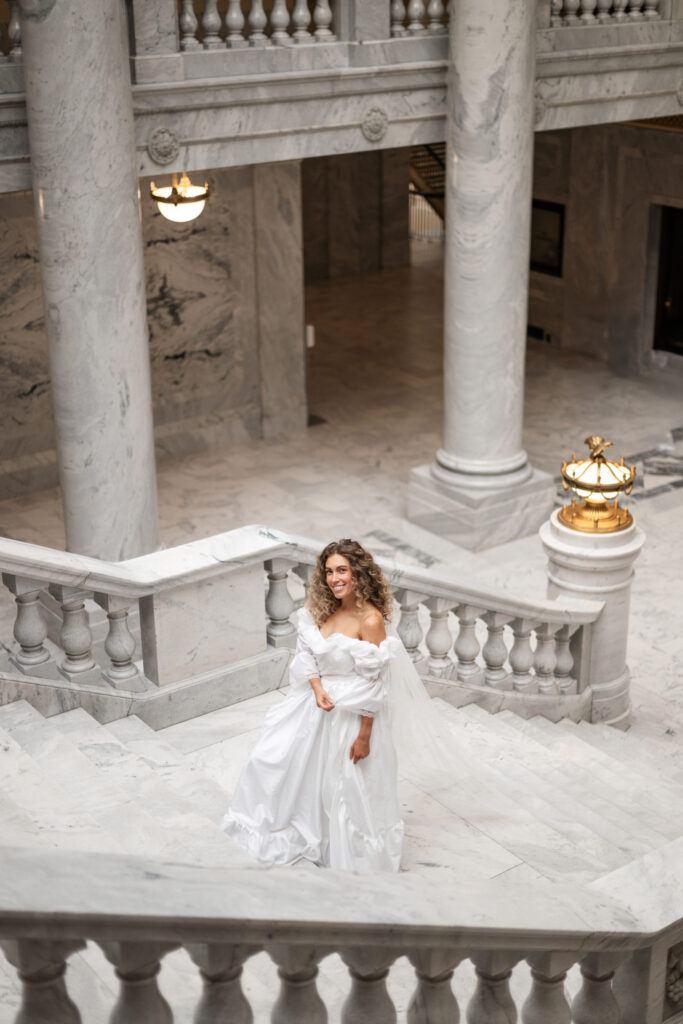 Utah State Capitol Bridals. One of the best Salt Lake City locations for timeless, elegant, and romantic wedding portraits.